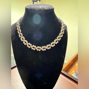 Rhinestone silver-tone abstract floral motif choker 16” long 0.5” wide.
